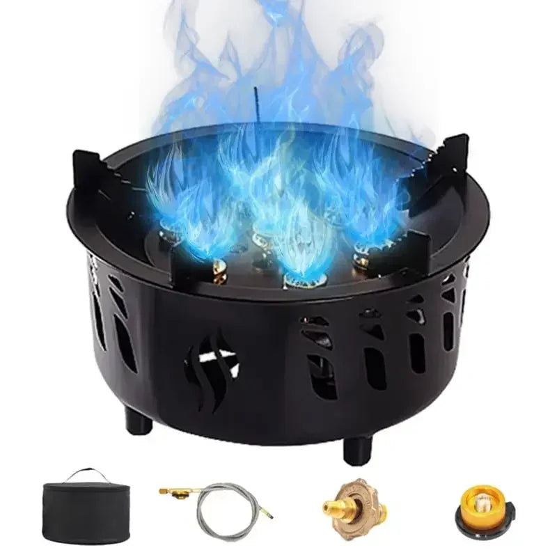 tt Brûleur à gaz camping portable, 7 cœurs, puissance feu bain, réchaud à cassette, sac de transport,