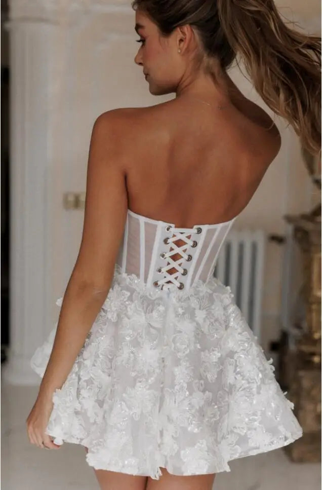 Camille Mini Wedding Dresses Lace Flowers A-Line Short Bridal Gowns for Women Bridal Shower Bachelorette Party Elopement