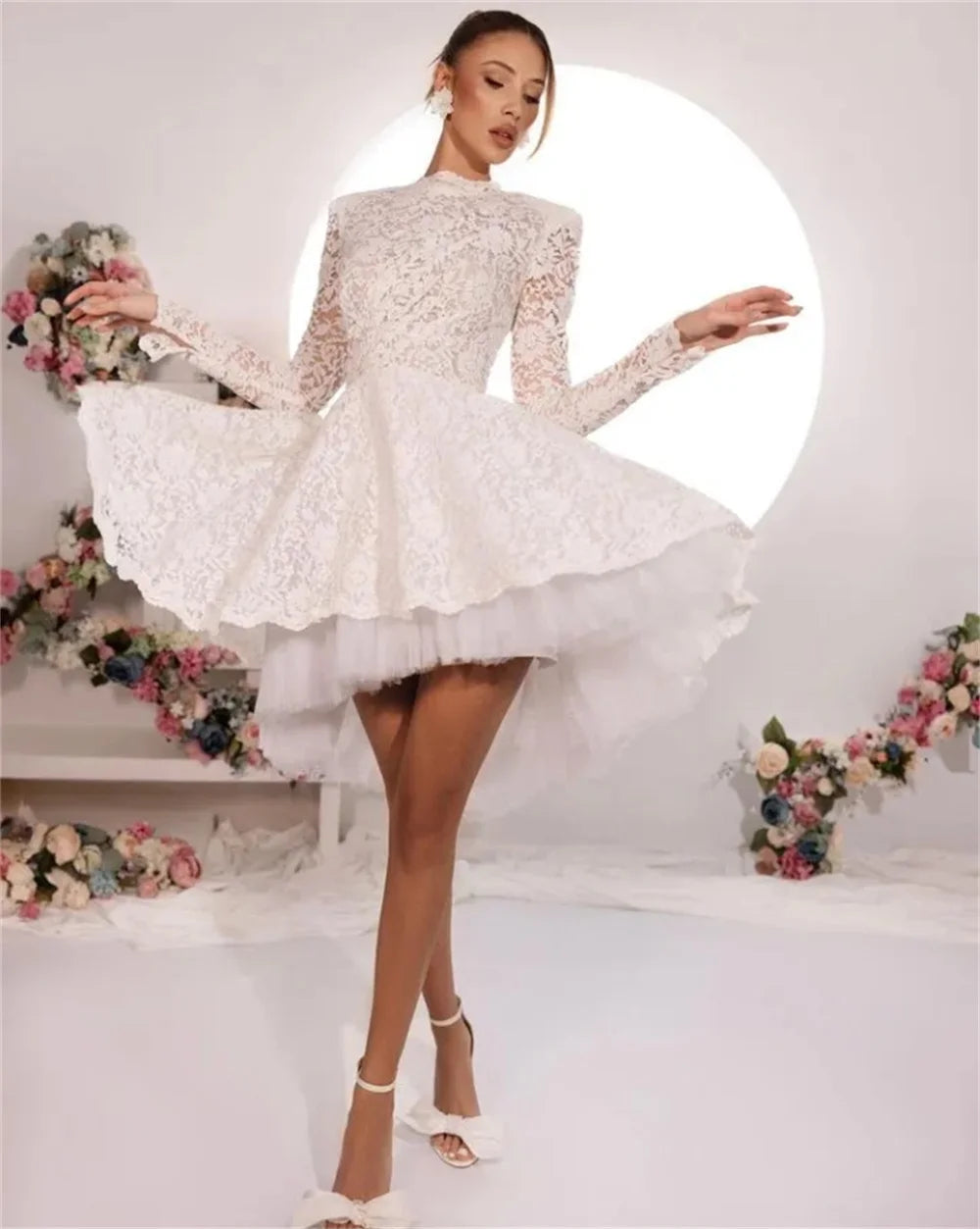 White Short Prom Dresses For Women High Neck Long Sleeves Lace Evening Dress Homecoming Dresses Wedding Dress Mini Bridal Gown
