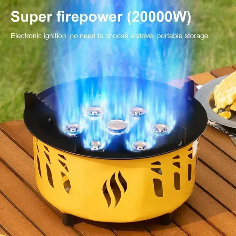 tt Brûleur à gaz camping portable, 7 cœurs, puissance feu bain, réchaud à cassette, sac de transport,