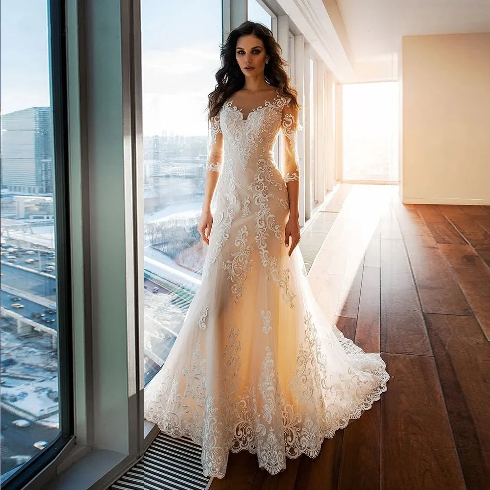 Fashion exquisite mermaid wedding dress for women lace tulle seven-quarter sleeve illusion after bridal dress vestidos de novia