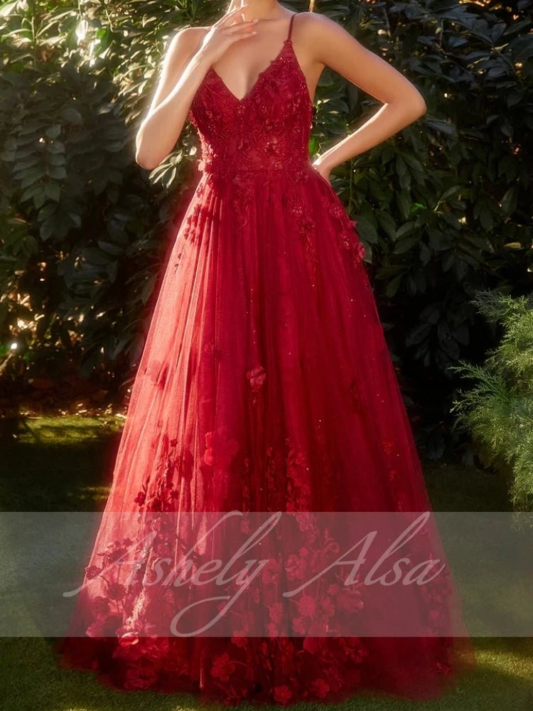 Customized Red Women Prom Dresses V Neck Flower A Line Floor Length Wedding Party Dress Formal Occasion Wear Evening Vestido 15