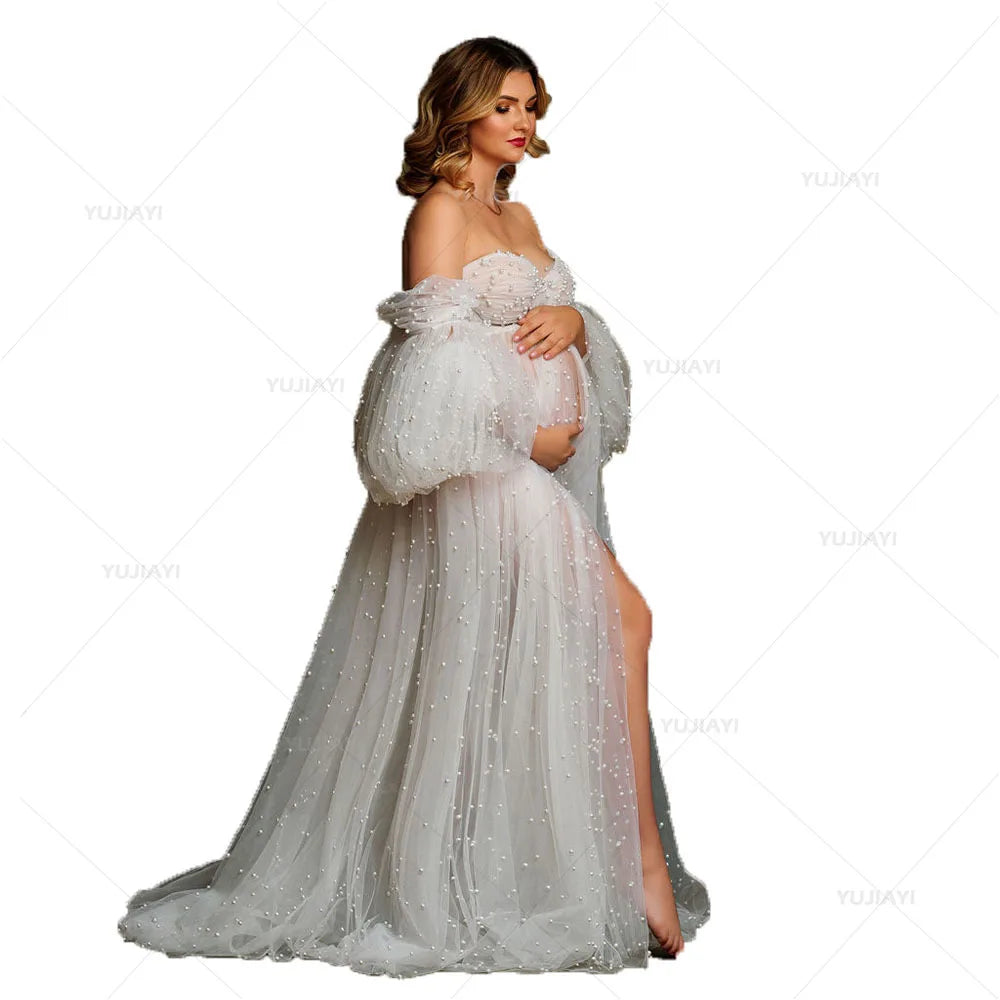 Customized Pearl Off Shoulder Maternity Dresses for Photoshoot Pregnant Women Bridal Boudoir Lingerie Bathrobe Babyshower Gown