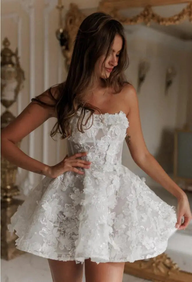 Camille Mini Wedding Dresses Lace Flowers A-Line Short Bridal Gowns for Women Bridal Shower Bachelorette Party Elopement