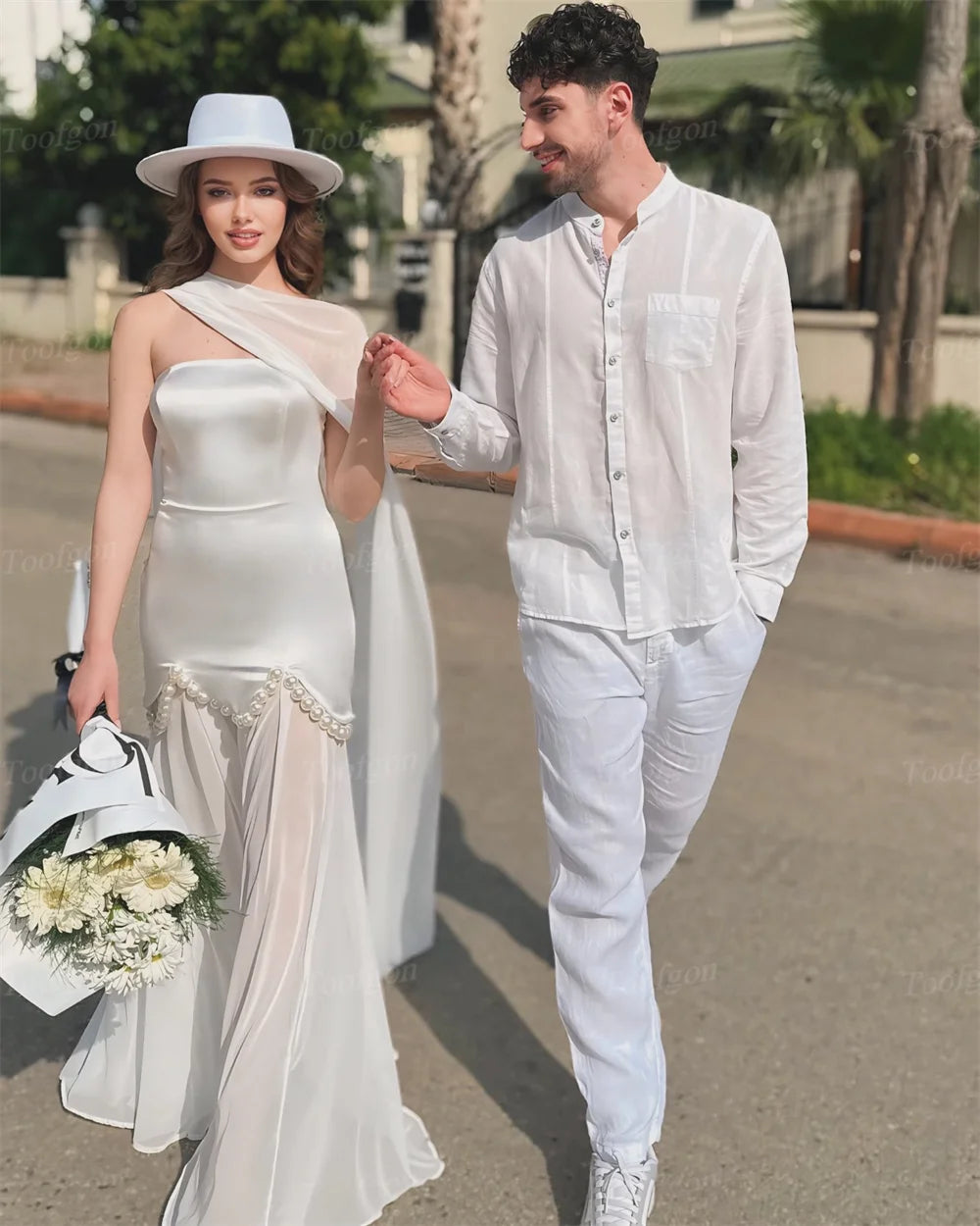 Toofgon Customized A Line Soft Satin Bride Wedding Dresses Pearls Formal Bridal Gowns Women Prom Evening Party Photography Dress
