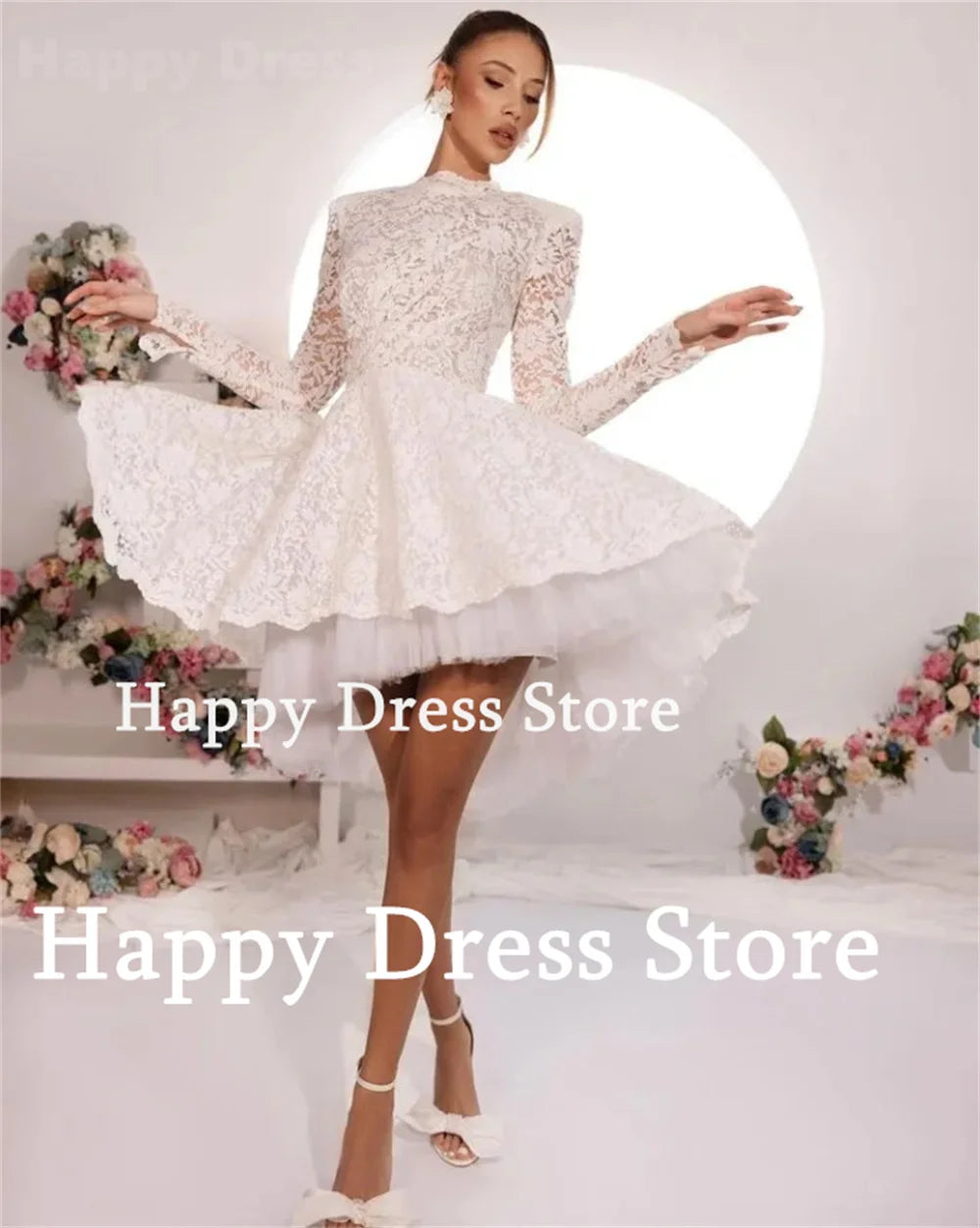White Short Prom Dresses For Women High Neck Long Sleeves Lace Evening Dress Homecoming Dresses Wedding Dress Mini Bridal Gown