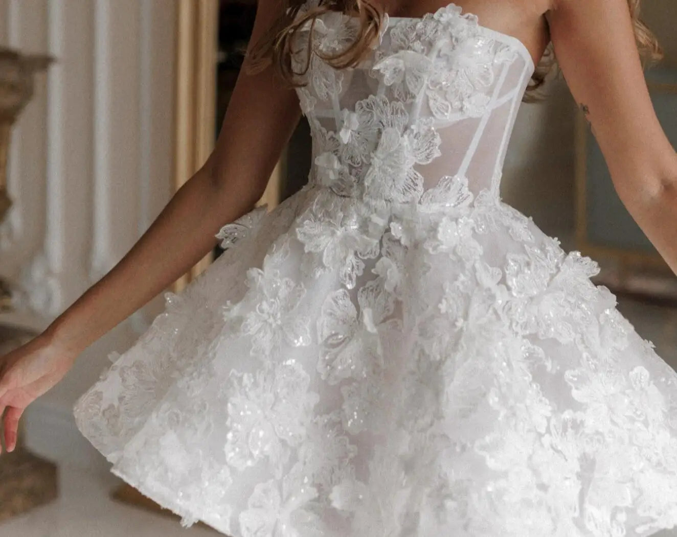 Camille Mini Wedding Dresses Lace Flowers A-Line Short Bridal Gowns for Women Bridal Shower Bachelorette Party Elopement