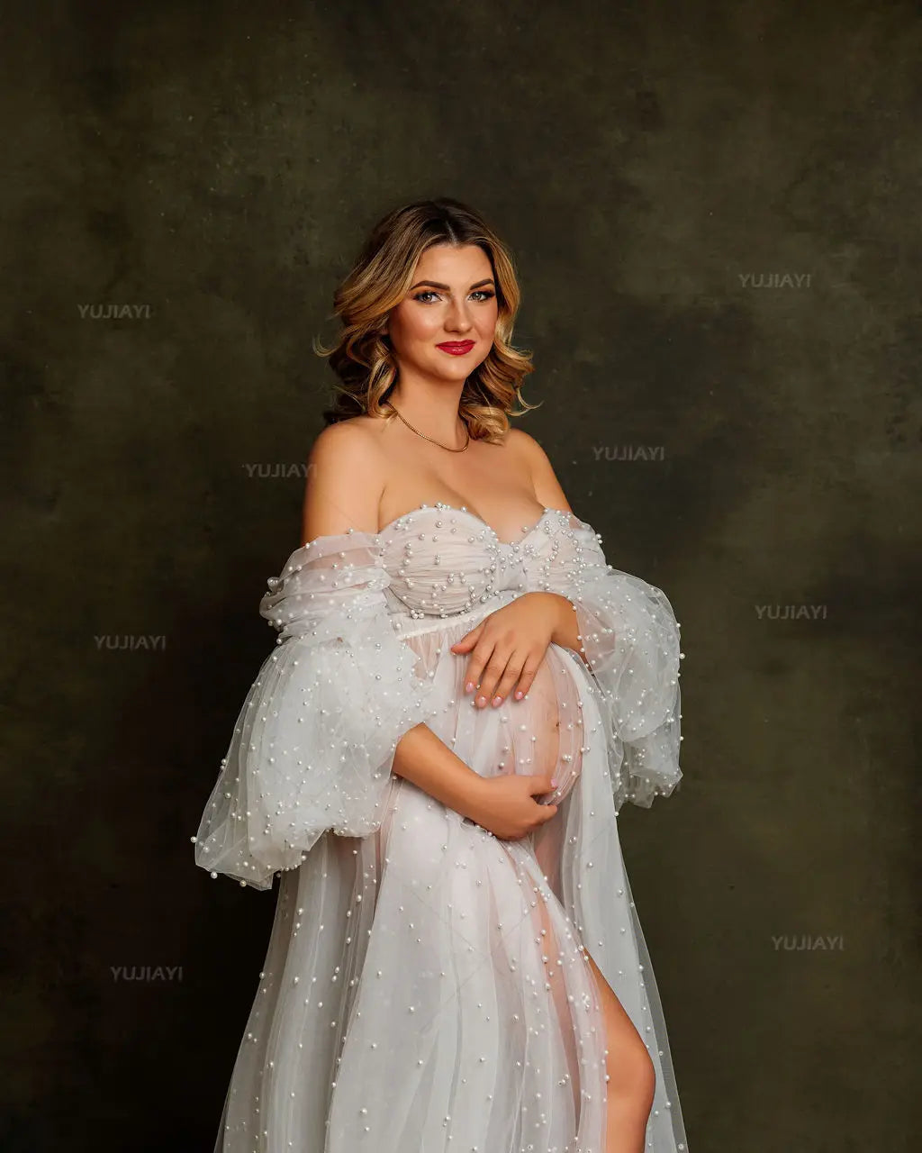 Customized Pearl Off Shoulder Maternity Dresses for Photoshoot Pregnant Women Bridal Boudoir Lingerie Bathrobe Babyshower Gown