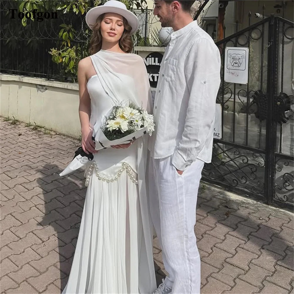 Toofgon Customized A Line Soft Satin Bride Wedding Dresses Pearls Formal Bridal Gowns Women Prom Evening Party Photography Dress