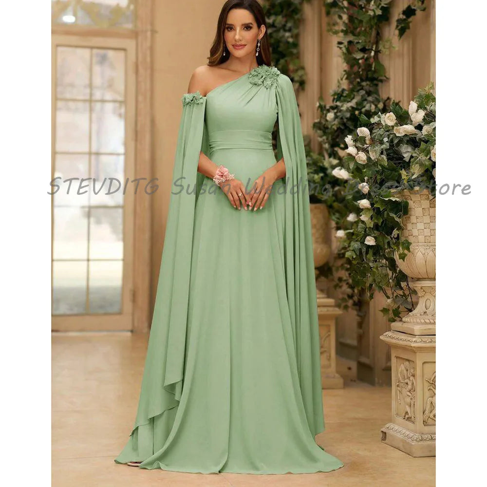 Elegant Evening Dresses Women Floor Length One Shoulder A Line Sleeveless Satin Sweep Train High Quality Banquet Female Gowns