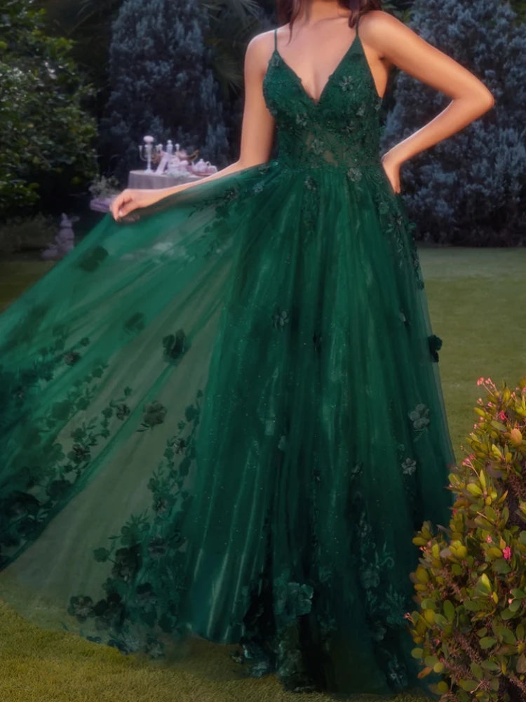 Customized Red Women Prom Dresses V Neck Flower A Line Floor Length Wedding Party Dress Formal Occasion Wear Evening Vestido 15