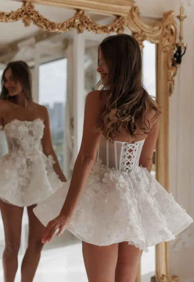 Camille Mini Wedding Dresses Lace Flowers A-Line Short Bridal Gowns for Women Bridal Shower Bachelorette Party Elopement