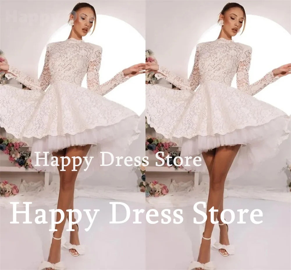 White Short Prom Dresses For Women High Neck Long Sleeves Lace Evening Dress Homecoming Dresses Wedding Dress Mini Bridal Gown