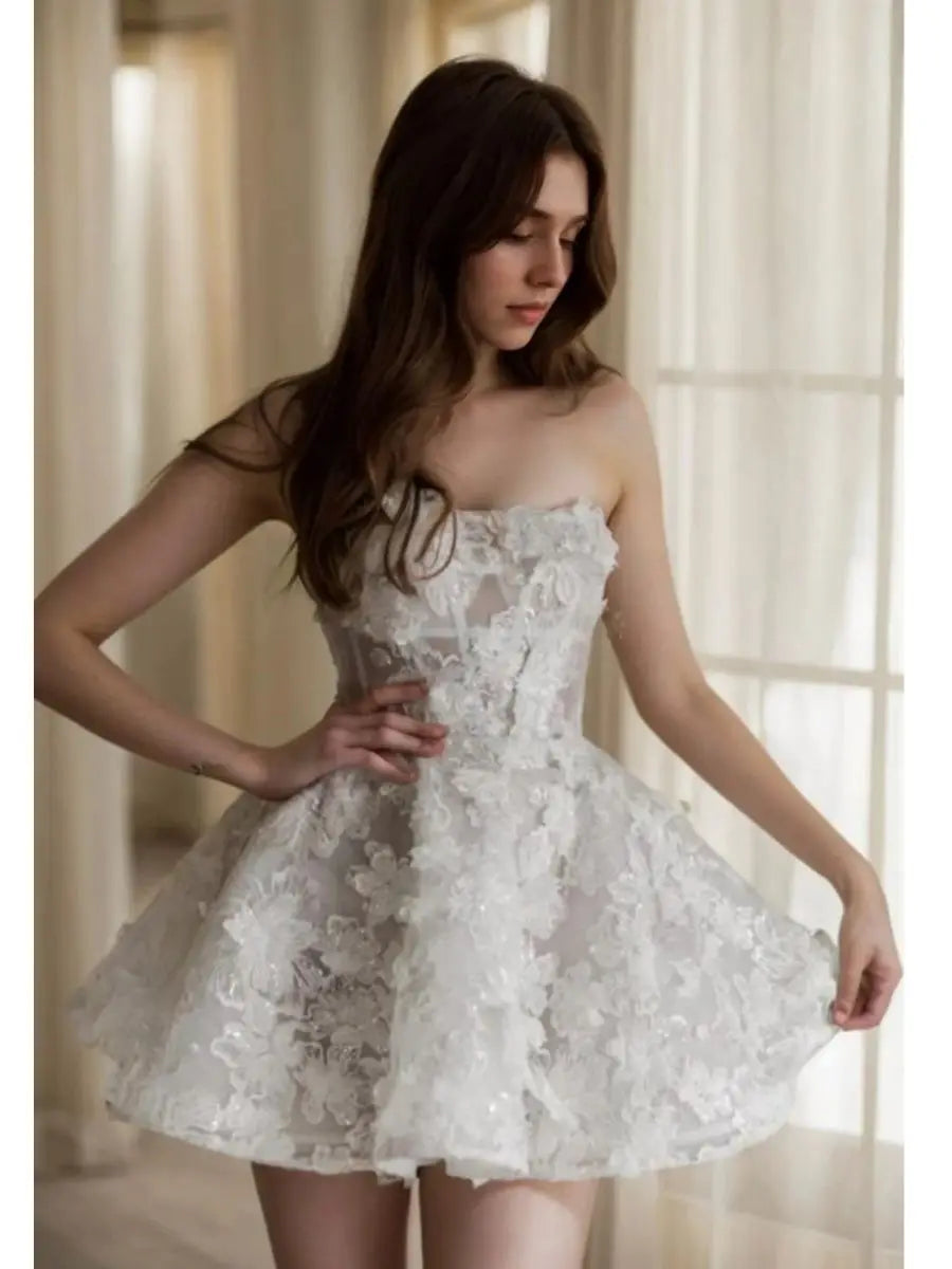 Camille Mini Wedding Dresses Lace Flowers A-Line Short Bridal Gowns for Women Bridal Shower Bachelorette Party Elopement