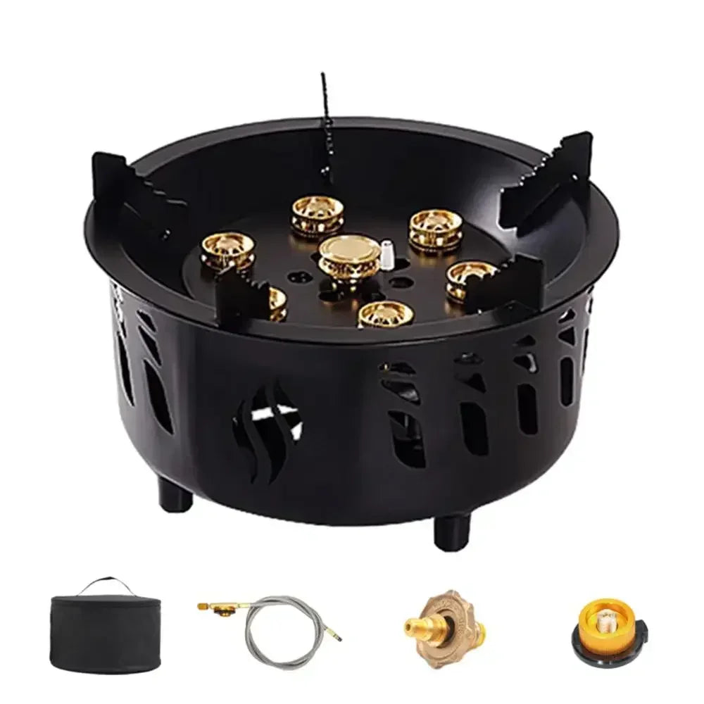 tt Brûleur à gaz camping portable, 7 cœurs, puissance  feu  bain, réchaud à cassette, sac de transport,