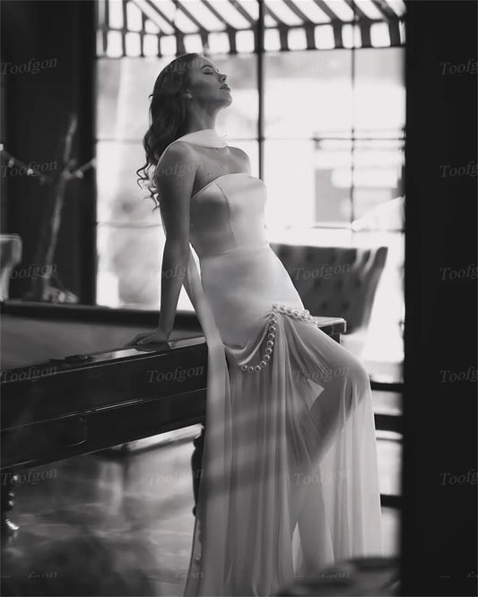 Toofgon Customized A Line Soft Satin Bride Wedding Dresses Pearls Formal Bridal Gowns Women Prom Evening Party Photography Dress