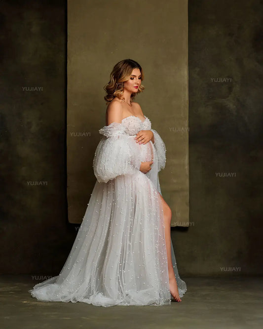 Customized Pearl Off Shoulder Maternity Dresses for Photoshoot Pregnant Women Bridal Boudoir Lingerie Bathrobe Babyshower Gown