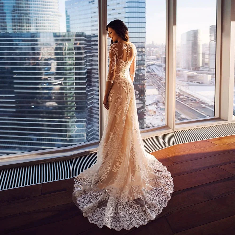 Fashion exquisite mermaid wedding dress for women lace tulle seven-quarter sleeve illusion after bridal dress vestidos de novia
