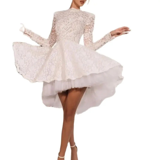 White Short Prom Dresses For Women High Neck Long Sleeves Lace Evening Dress Homecoming Dresses Wedding Dress Mini Bridal Gown