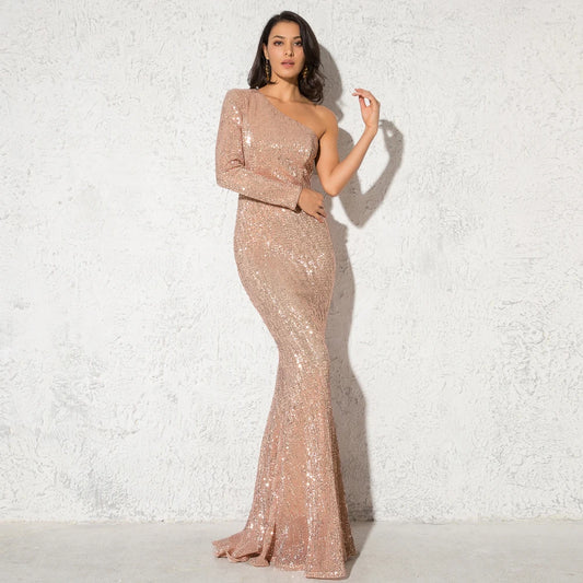 Romagic Luxury Gold One Shoulder Mermaid Wedding Gown Silver Long Sleeves Celebrity Party Maxi Bridesmaid Evening Dress Women